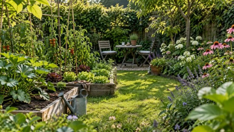 Petit jardin clos avec potager, salon extérieur et haie brise-vue, prêt à jardiner nu à l'abri des regards
